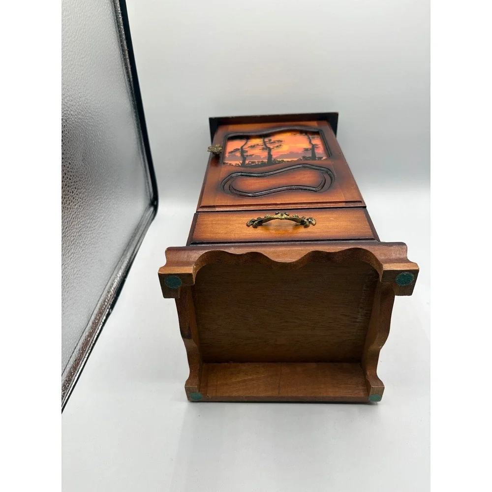 Vintage Wooden Jewelry Box Armoire Sunset Scene Music Box Cabinet 3 Drawers